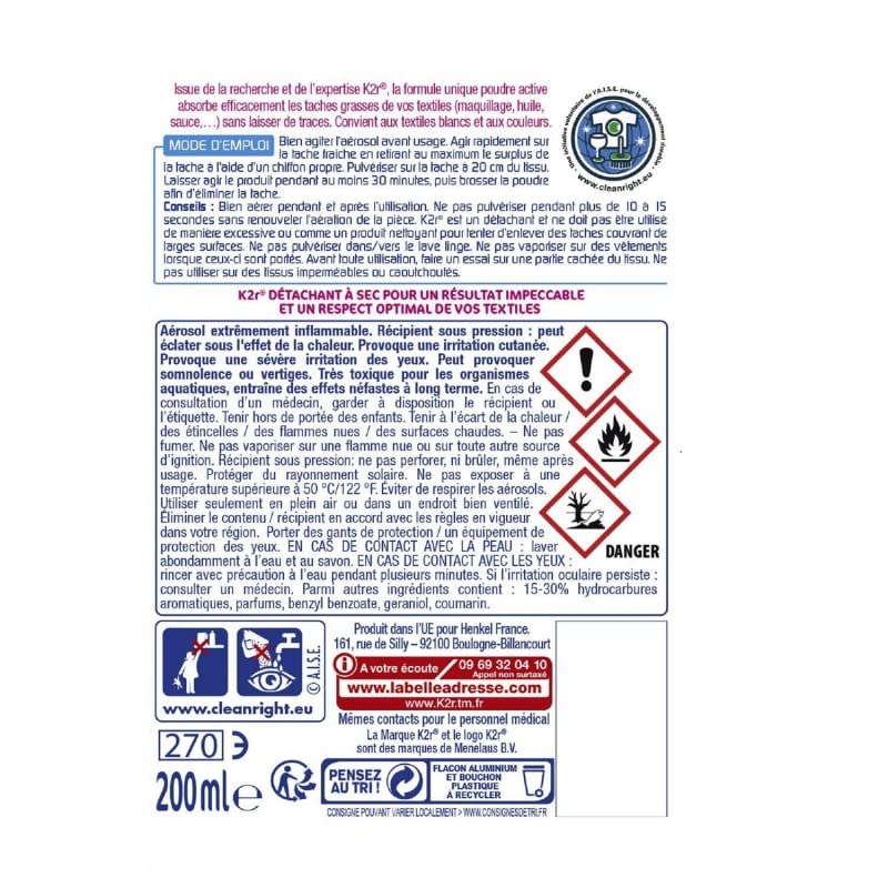 K2R aérosol détachant à sec (200ML) - Precio por unidad