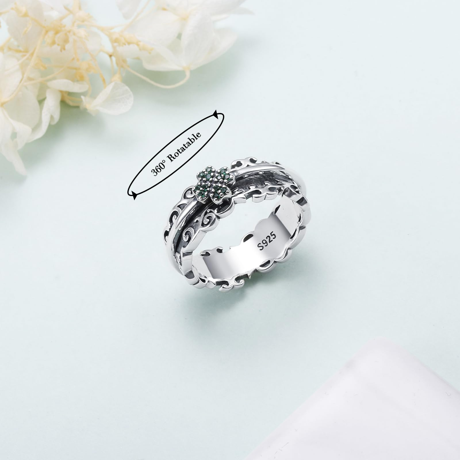 Anillos giratorios de trébol de cuatro hojas para mujer, anillos vintage para ansiedad, anillo giratorio de plata de ley, anillo grueso en relieve, trébol de cuatro hojas, regalo para mujeres y