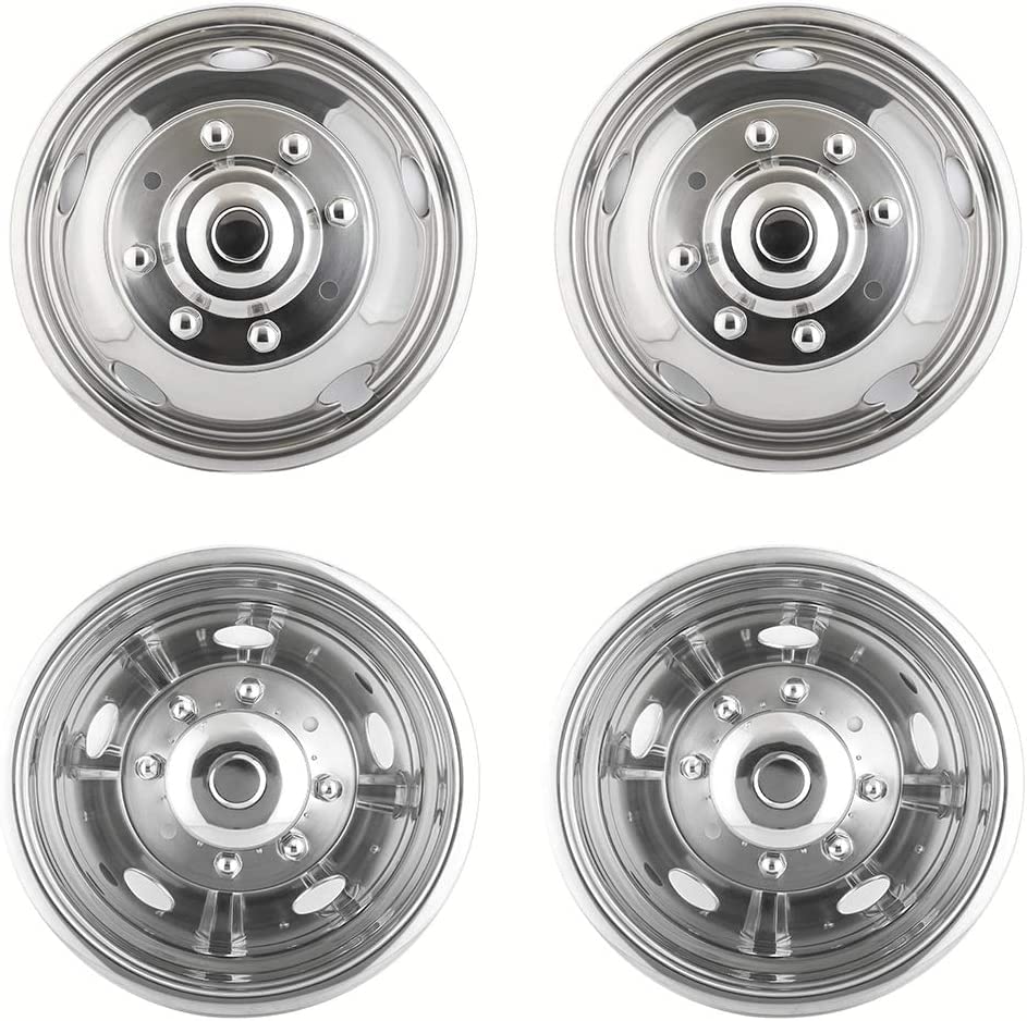 Image of 4X 19.5 Bolt On Wheel Simulators Compatible with Ford 1999-2004 F450 F550, 8 Lug Front Rear Dually Hub Caps Skins Liners Rim Covers Stainless Steel Polished with Installation Tool Kit C19F8