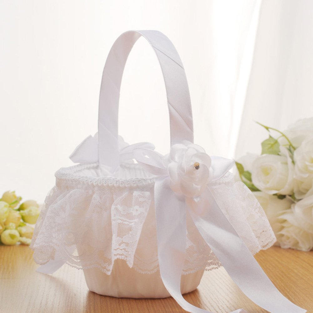 Blumenmädchen-Korb Aus Satin – Elfenbein, Mit Perlen Und Strass, Perfekt Für Hochzeiten