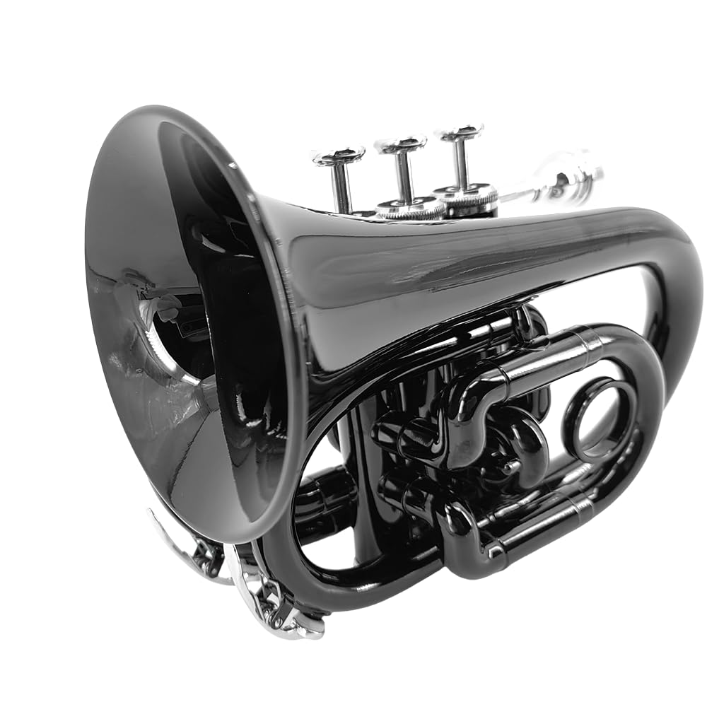 Tromba tascabile professionale in ottone con finitura laccata con custodia e accessori per la pulizia per principianti e musicisti (nero)