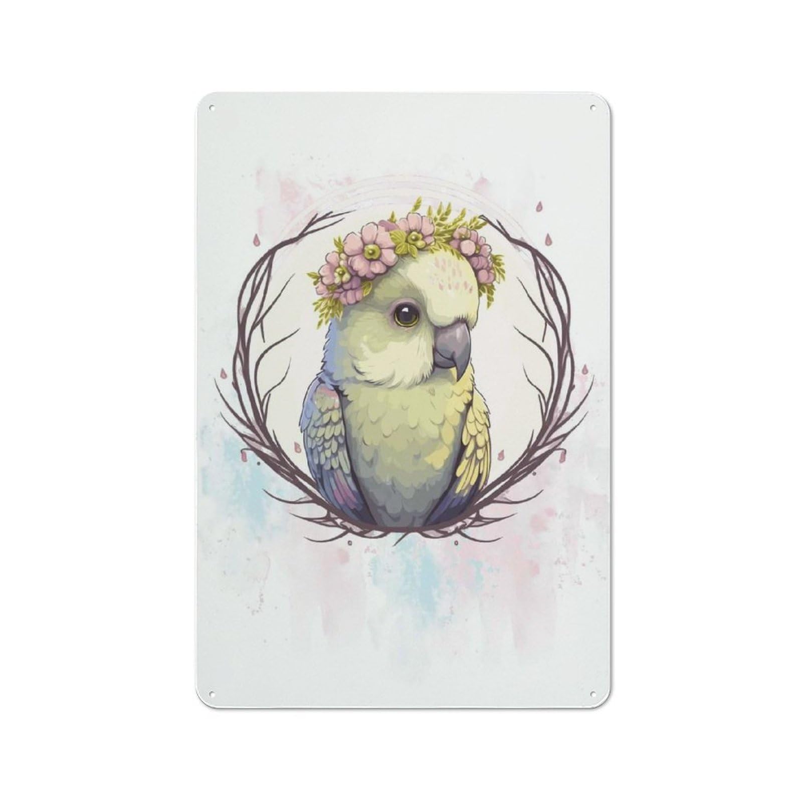 Floral Parakeet Painting Loft Style Metal Wall Decor 30x20cm, Decorative Metal Plaque for Loft, Studio, Office Or Creative Room