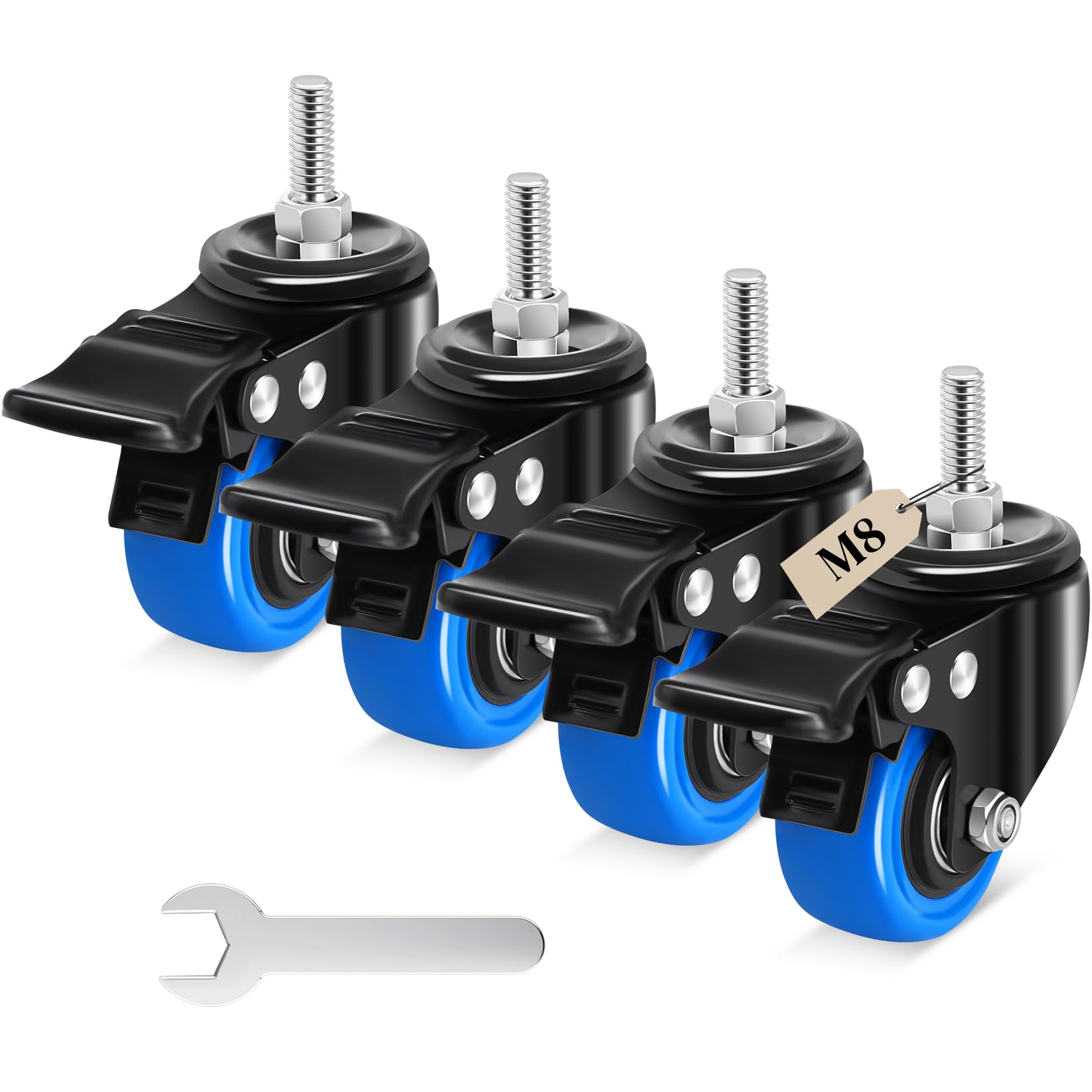 Ruedas para Muebles Pesados 50mm con Vástago Roscado M8 x 1,25x 25mm, Giratorias Carga 270KG, 360° Pivotantes con Freno, Juego de 4