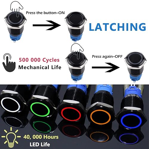 Miniatura 9 de DMWD 2 interruptores de botón de metal de 0.866 pulgadas, impermeables, antivandálico, carcasa negra con enchufe precableado para orificio de