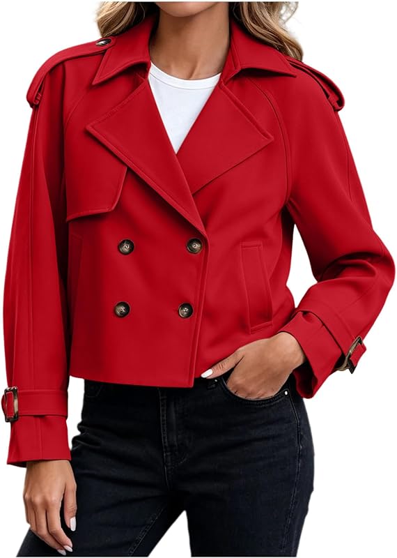 Gabardina recortada para mujer campera con cuello de solapa y doble botonadura
