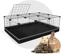 Cercado Pet para Porquinho da Índia com Teto 60x90x30cm com Bandeja Impermeável Telas Pretas e detalhe Cinza
