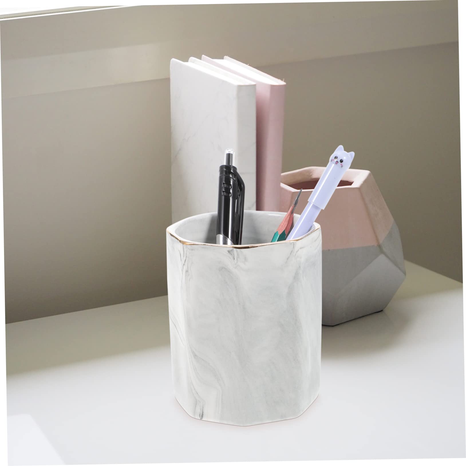 Tofficu 5 Pièces Seau de papeterie hexagonal porte-balais tasse à stylo Pot à crayons hexagonal Pot à crayons multifonctionnel porte-stylo de bureau pots à stylos pour bureau céramique