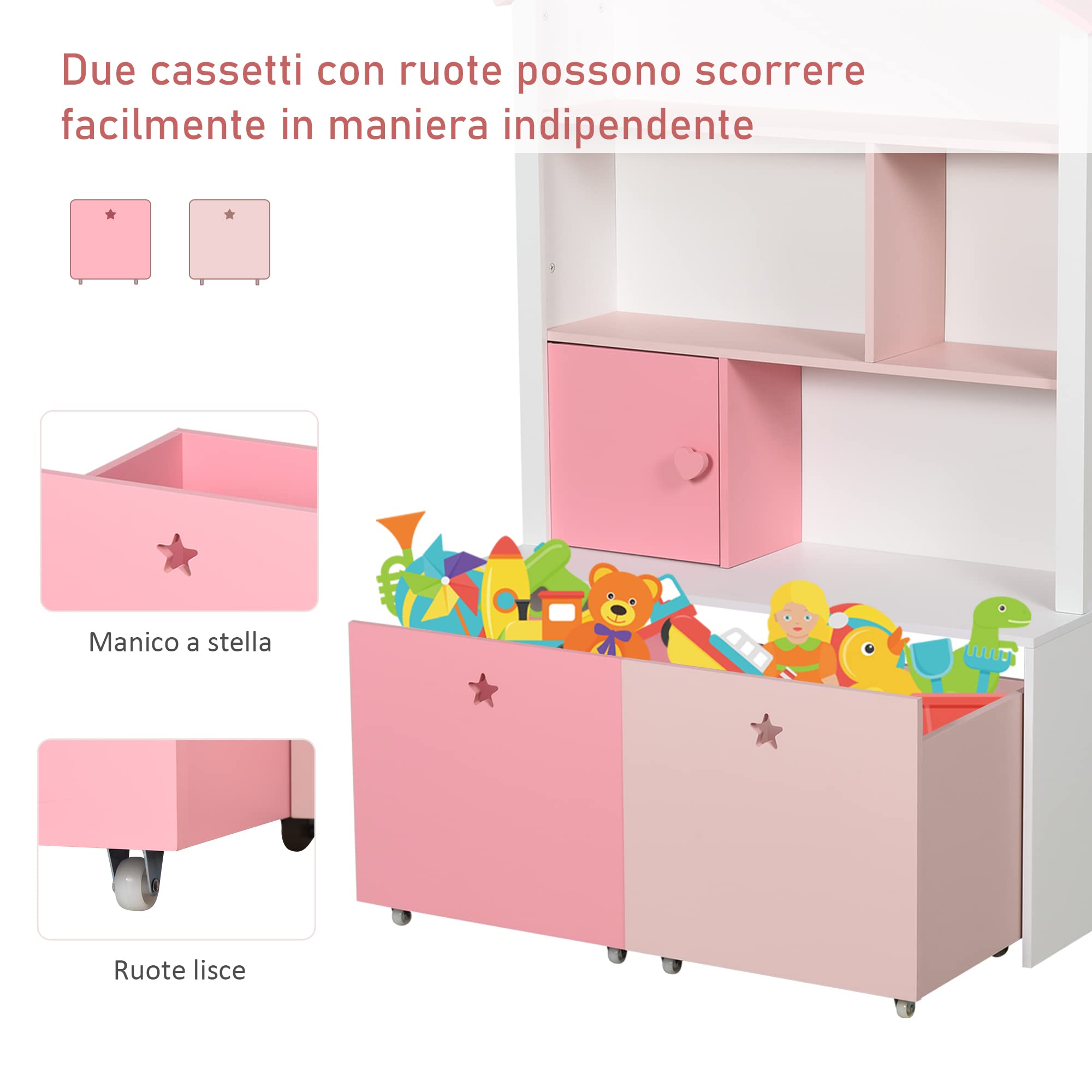HOMCOM Libreria Scaffale Portagiochi Rosa per Cameretta Bimbi e Ragazzi con 2 Cassetti Estraibili, 80 x 34 x 130 cm