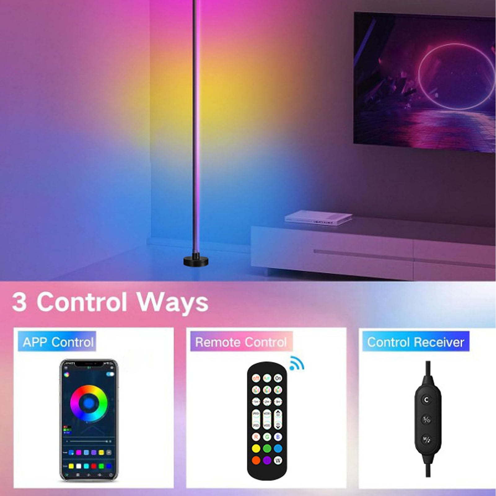 Annadue Lampada da Terra a LED per Angolo, Lampada RGB con Sincronizzazione Musicale, Lampada Moderna Intelligente, Lampada da Terra Colorata per Camera da Letto Soggiorno Ufficio