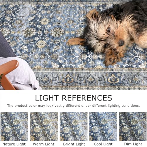 Image of KUTA Vintage 2x3 Rugs for Entryway, Non-Slip Washable Area Rug & Indoor Door Mat with Floral Print, Blue Grey Beige Ultra Thin Soft Low-Pile Throw Rug for Kitchen Front Door, Bedside, Small Spaces