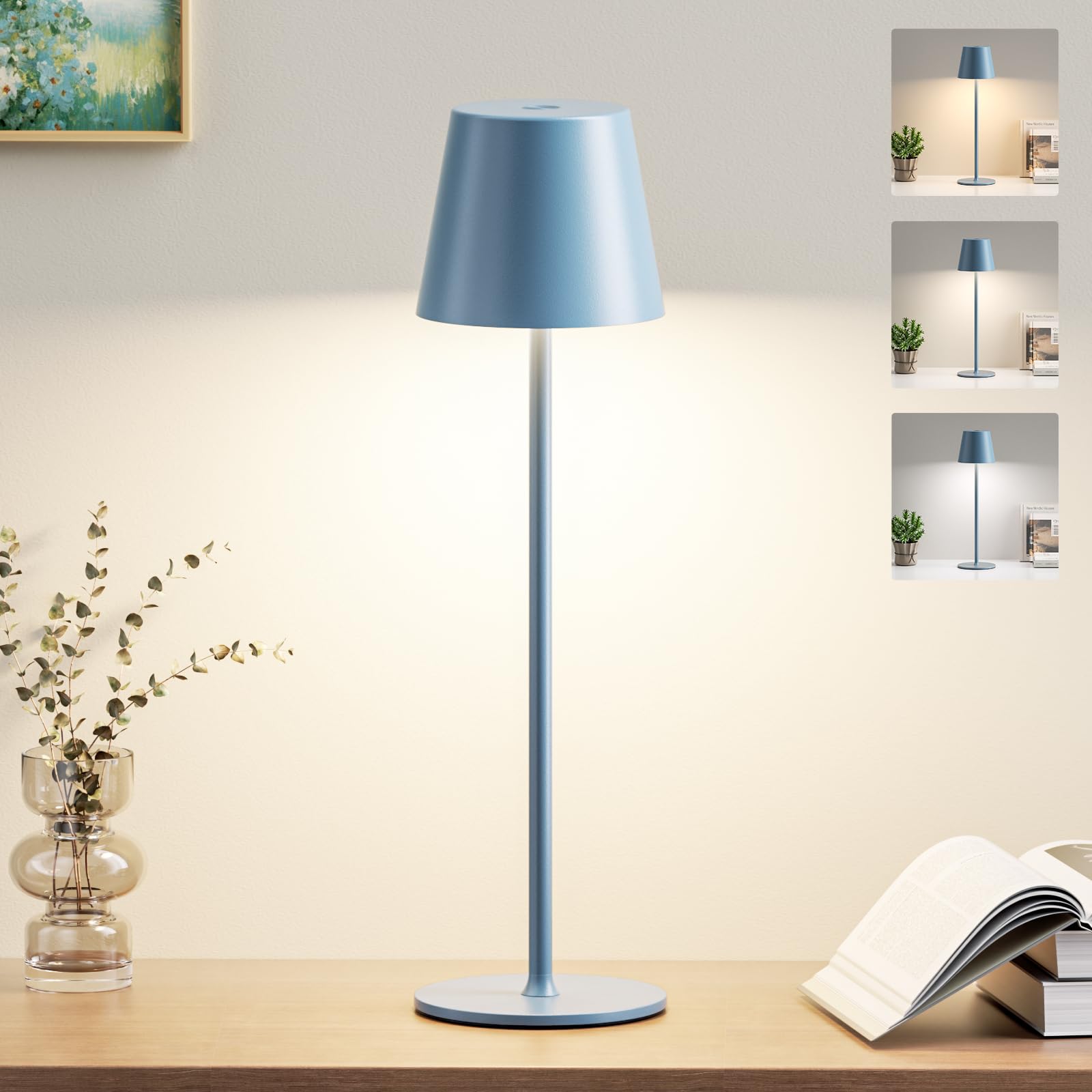PreeOtti Tischlampe Kabellos, Akku LED Tischleuchte Touch mit 3 Farbtemperatur
