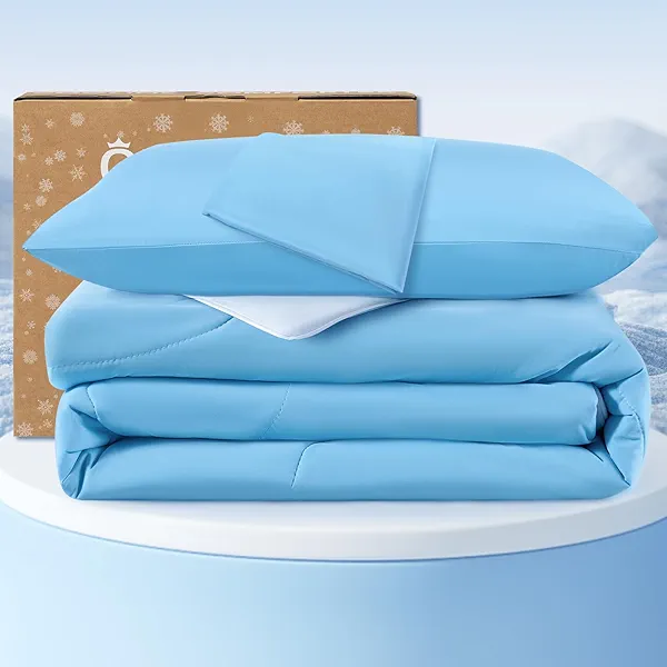 QUTOOL Cooling Comforter King Size, Double-Sided Cooling Blankets for Hot Sleepers and Night Sweats, Silk Smooth Ice Cool Comforter with 2 Pillowcases, Breathable & Lightweight Blue, 104"x90"
