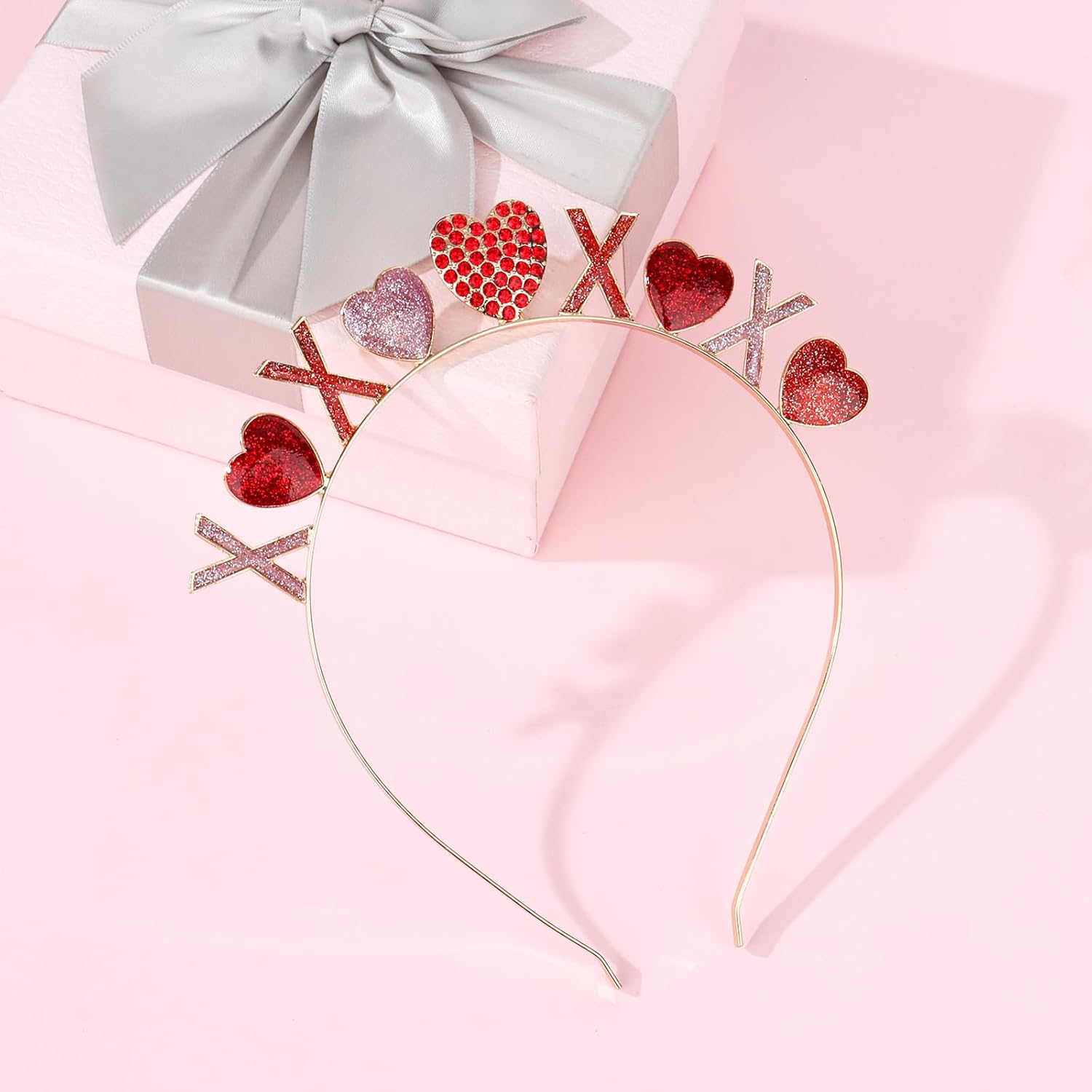 女性用バレンタインヘッドバンド ラインストーン ハートヘッドバンド ピンク バレンタインデー アクセサリー グリッター バレンタイン
