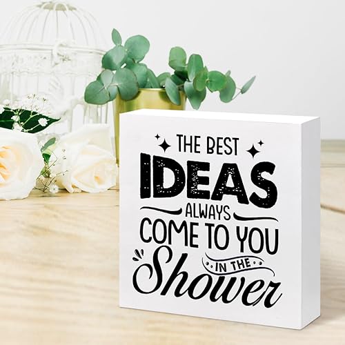 Miniatura 6 de z-crange Letrero de madera con texto en inglés The Best Ideas Always Come to You in The Shower  para decoración de escritorio, divertido letrero de