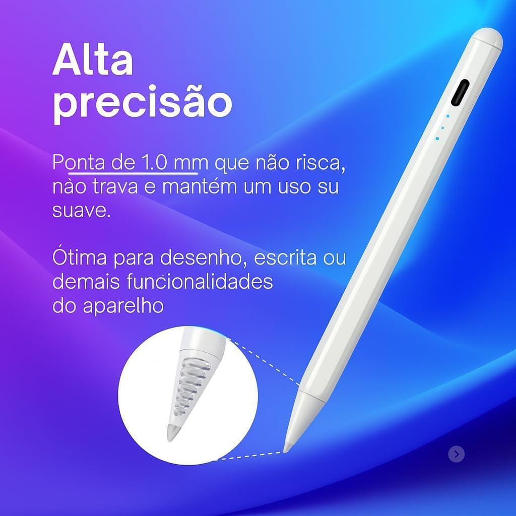 Caneta Stylus Touch Screen Recarregavel USB – Ponta Fina 1.5mm com Indicador LED, Caneta Capacitiva Universal Compatível com iPad, Tablet, Celular, Notebooks - Android ou IOS - CLARA ESSÊNCIA