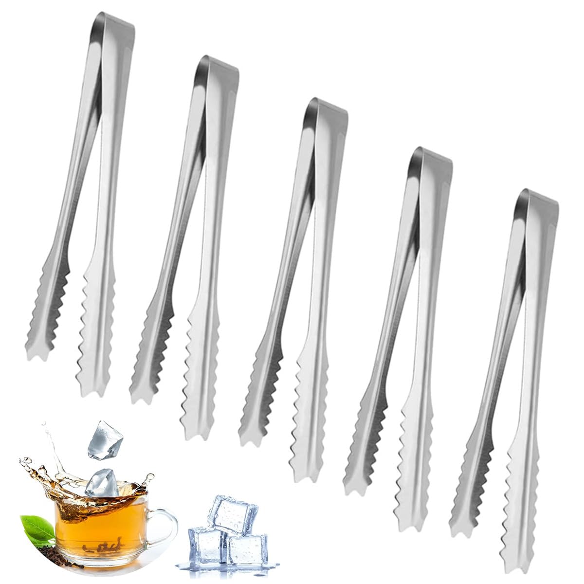 SamHeng 5 Pcs Stainless Steel Ice Tongs, 6 Inch Mini Serving Tongs, Small Sugar Tongs, U-Shaped Design, Perfect for Food, Dessert, Buffet, Wedding, Party