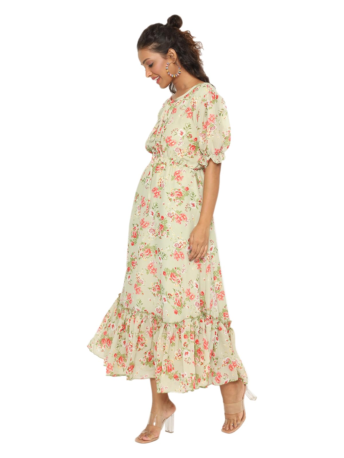 Avanova Georgette Pista Green Round Neck Maxi Western Dresses For Women (Dress 81 Pista 2Xl)