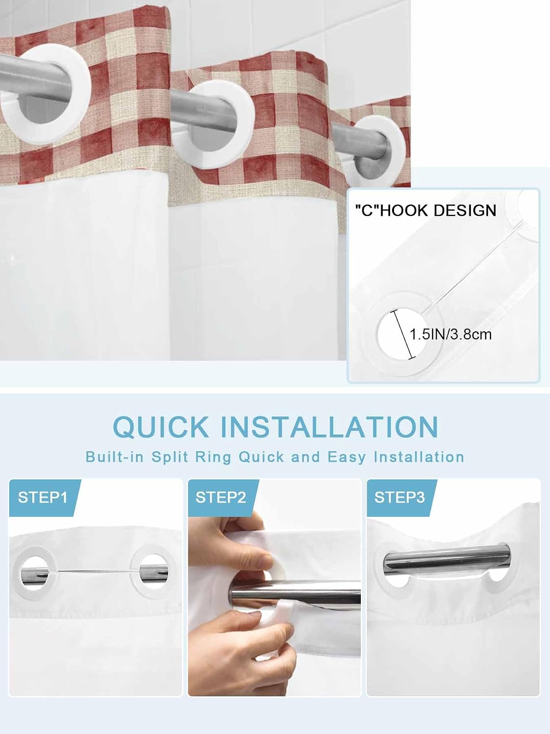 No Hook Shower Curtain, Merry Christmas Standard Shower Curtains with Snap in Liner, Xmas Wreaths Burlap Red Plaid Rustic Waterproof Washable Fabric Bathroom Curtain Sets, 60" x 72"