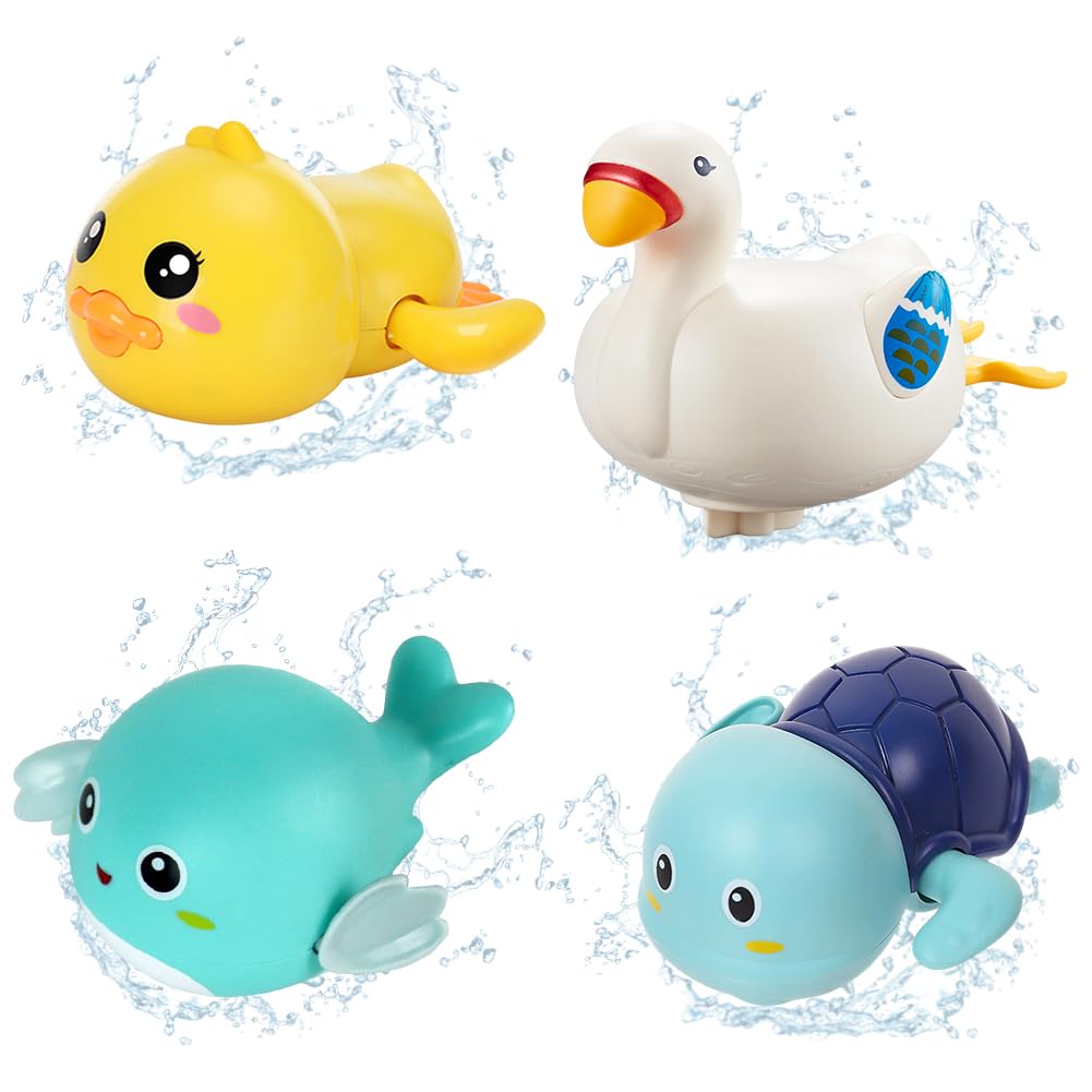 4 Pieces Swimming Floating Water Game,Wind Up Bathtub, Cute Duck Swan Turtle Dolphin Clockwork Swimming Floating Water Game Swimming Animals Set