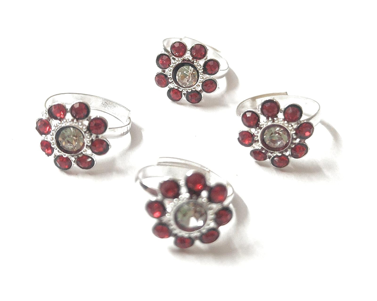 mrace gifting MRACE Elegant Floral Toe Ring with Red Crystal Stones, Silver-Toned Metal, Adjustable Daisy Design, Fashion Jewelry for Women- Pack of 4-picture-11