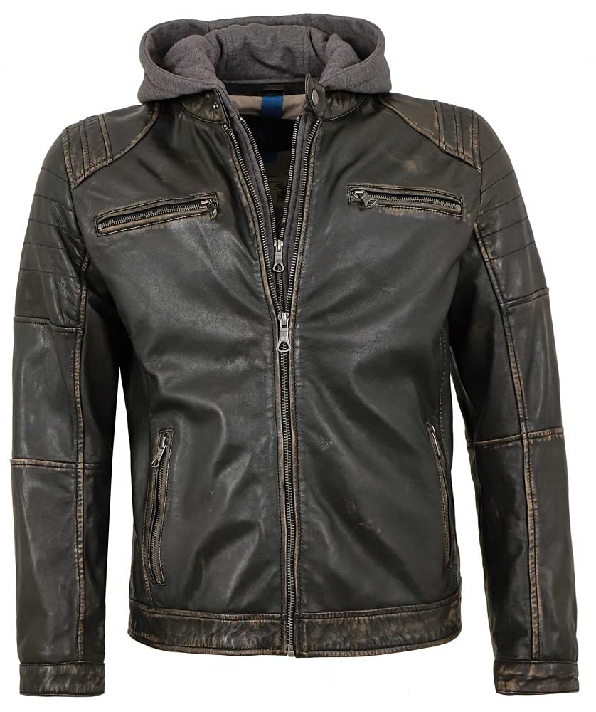Herren Lederjacke Lammnappa Bikerjacke Kapuze schwarz-beige