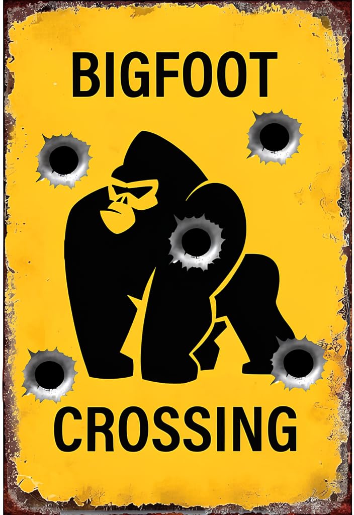 peiyeety Bigfoot Crossing Vintage Tin Sign 12x8 Inch, Yellow Rustic Metal Wall Decor Plaque with Distressed Finish, Fun Sasquatch Warning Style Artwork for Man Cave, Garage, Bar, Cabin Gift