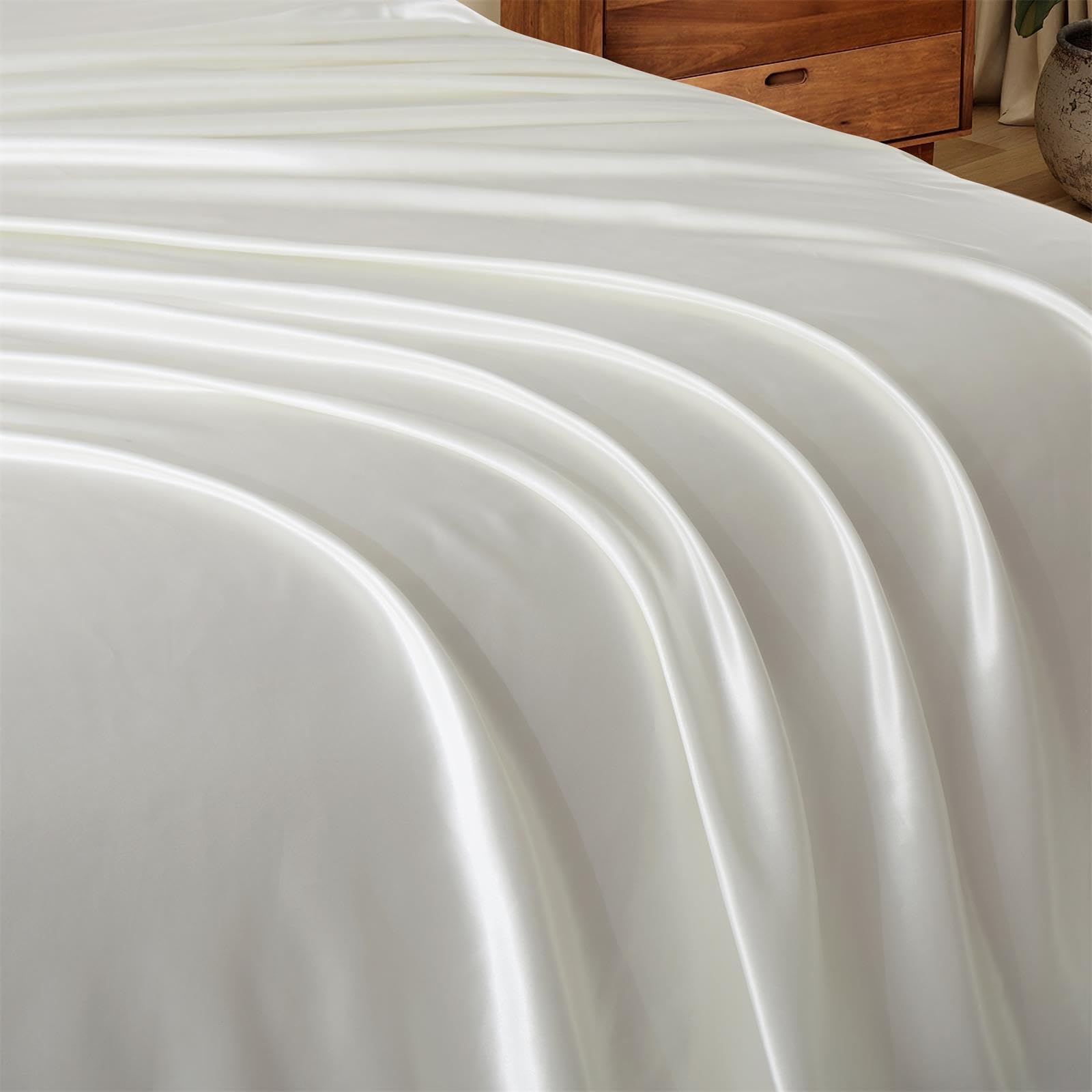 Ersmak Satin Flat Sheet Only, Single Flat Sheet King, Luxury & Ultra Soft Silky Bedding Top Sheet for King Mattress - Ivory White - Image 4