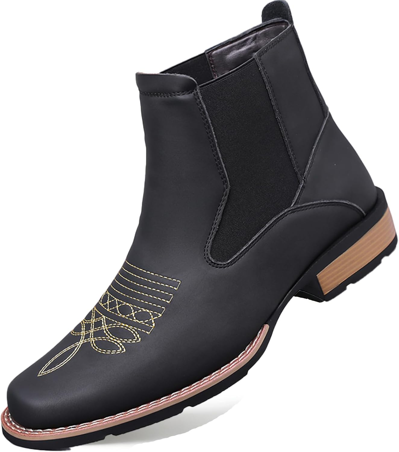 Chelsea Boots Men's Chunky Heels Western Cowboy Boots Fashion Classic Square Toe Embroidered Pull On Casual Work High-Top Ankle Boots