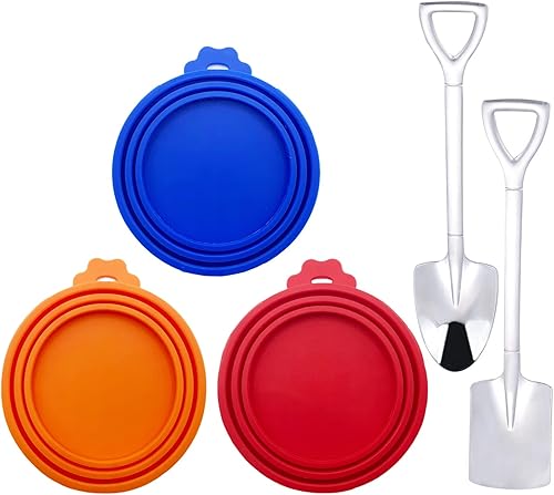 Muluo 5 tapas para latas de comida, 3 fundas para latas de mascotas, 2 cucharas de comida que se adaptan a todas las tapas de latas de perros y