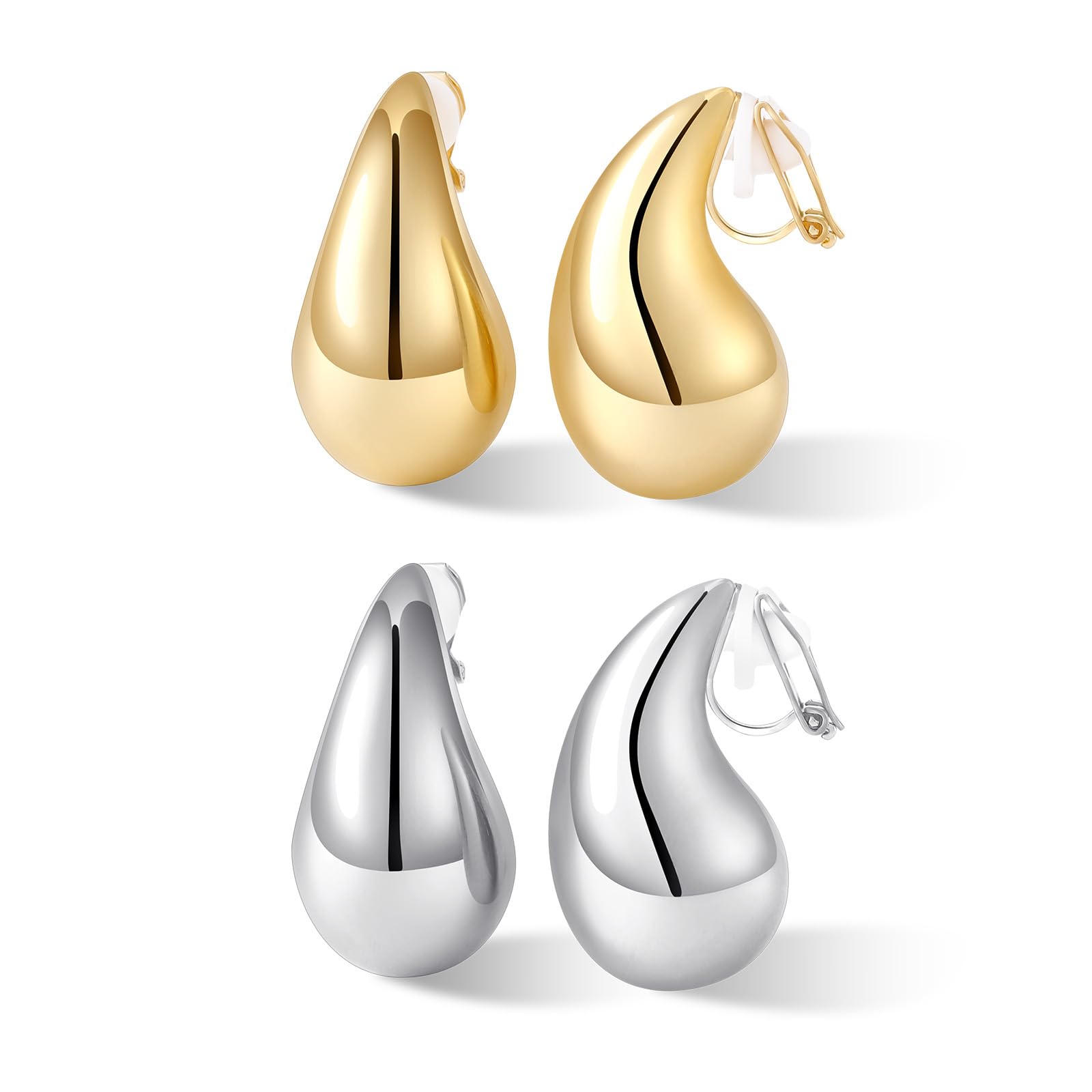 NVWAROCK Gold Drop Clip On Earrings Dupes Teardrop Chunky Non Pierced Earring 14K Real Gold Plated Hypoallergenic Lightweight Earrings for Women（Gold and Silver）