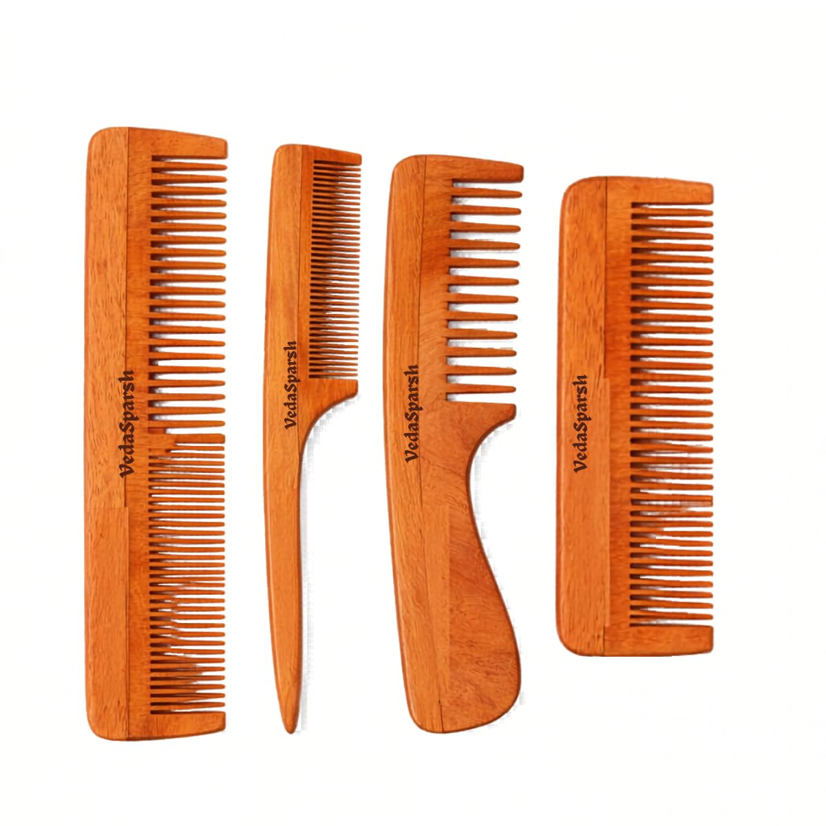 VedaSparsh-Nature's Secret Kachhi Neem Comb Treated with Neem Oil, Bhringraj & Soaked in 18 Other Hair Health Herbs- Set of 4- For both Men & Women-Dandruff & Itchiness Control, Induces Good Sleep