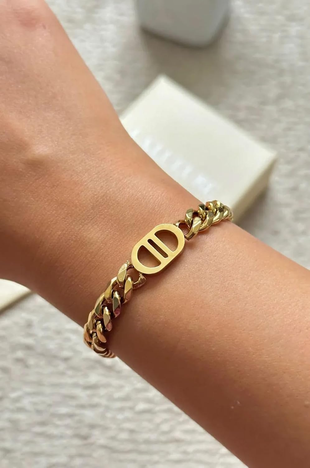 Womens 18K Real Gold Plated Initial Necklace Choker with Double D Letter, 6mm 316L Stainless Steel Cuban Link Chain Bracelet, Birthday Valentine's Day & Mother's Day Gift(Delicate Packing for Christmas) - Image 3