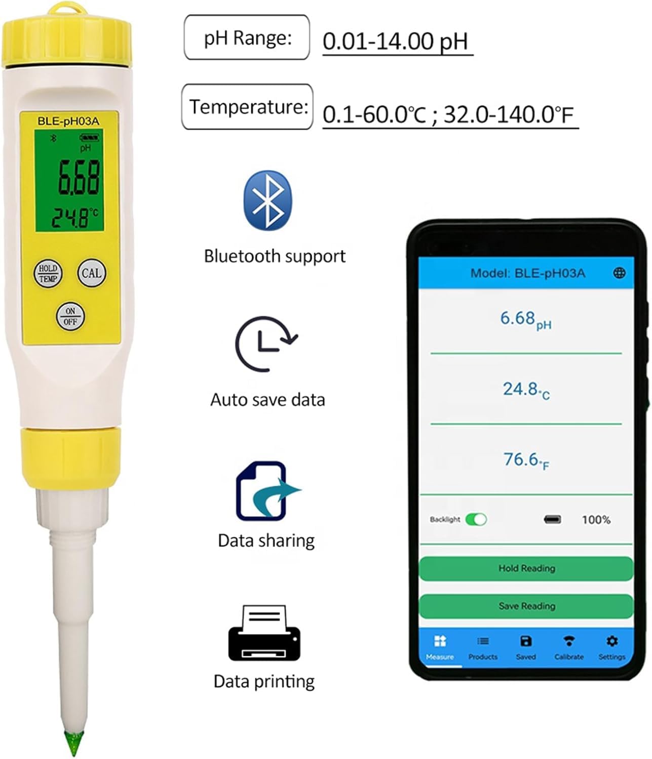 Genérico Medidor De Ph De Grado Alimenticio con Control Automático De Temperatura Y Resolución De 0