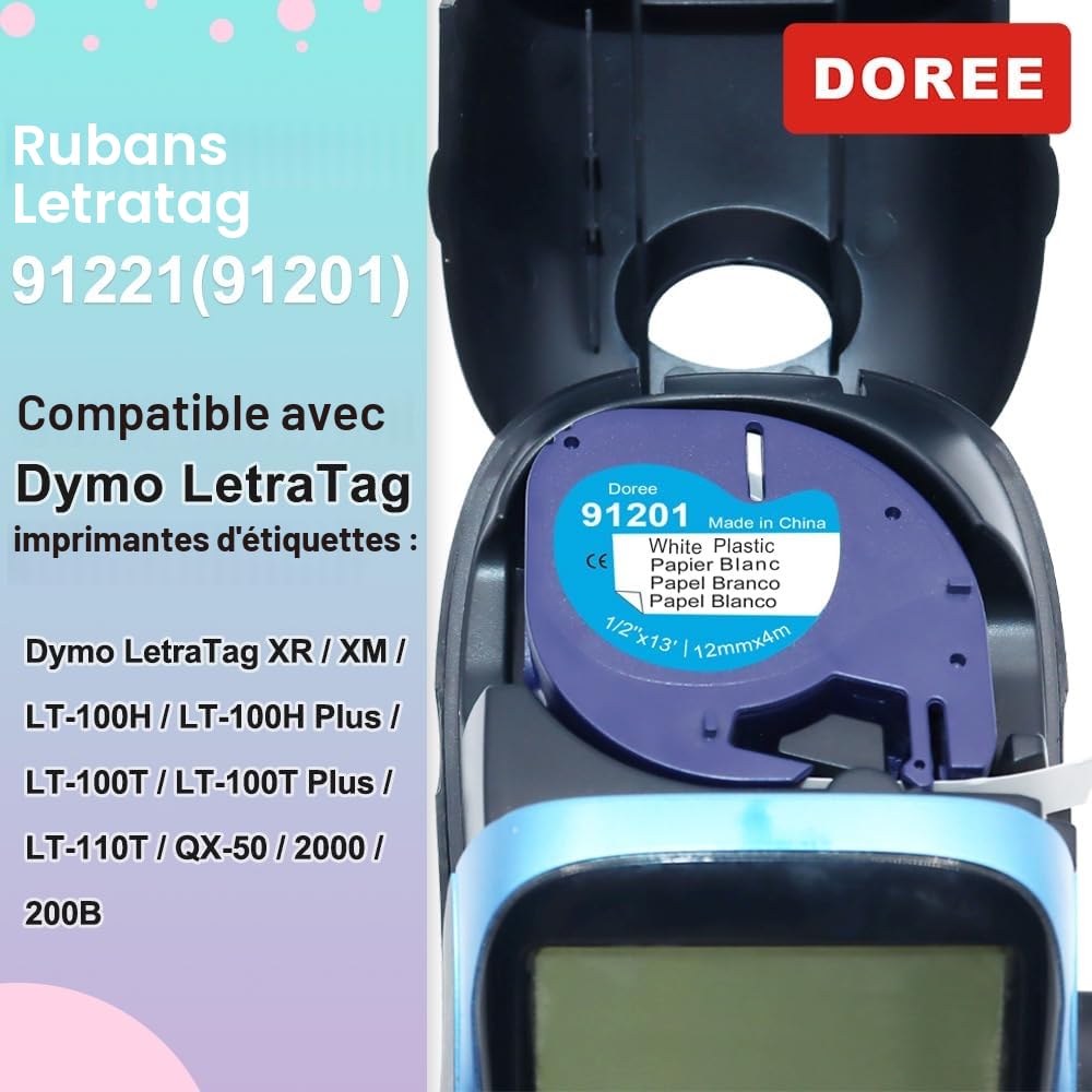 Dymo Letratag Ruban plastique 12 mm x 4 m noir sur blanc lot de 6 compatible LT-100H LT-100T XR XM QX50 200B