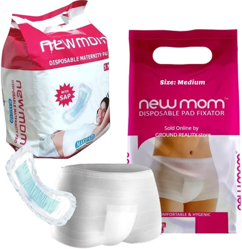 LUREME New Mom (Medium) 5 Panty Pad Fixator for Hip Size 77-88cm (Reusable and Washable) + 5 New Mom Maxi Maternity Sanitary Pads after delivery for Women. Ideal Pregnancy Kit New Mom Maternity Pads