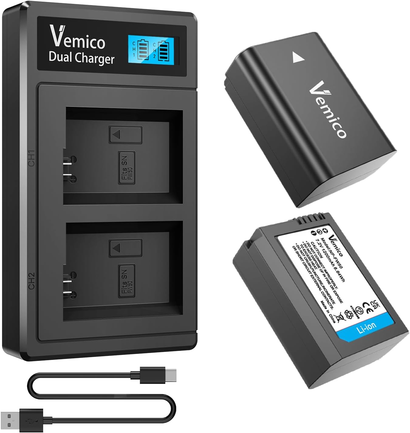 Vemico NP-FW50 Batteria Caricabatterie Kit 2x1200mAh Batteria di Ricambio con US Vemico NP-FW50 Batteria Caricabatterie Kit 2x1200mAh Batteria di Ricambio con US