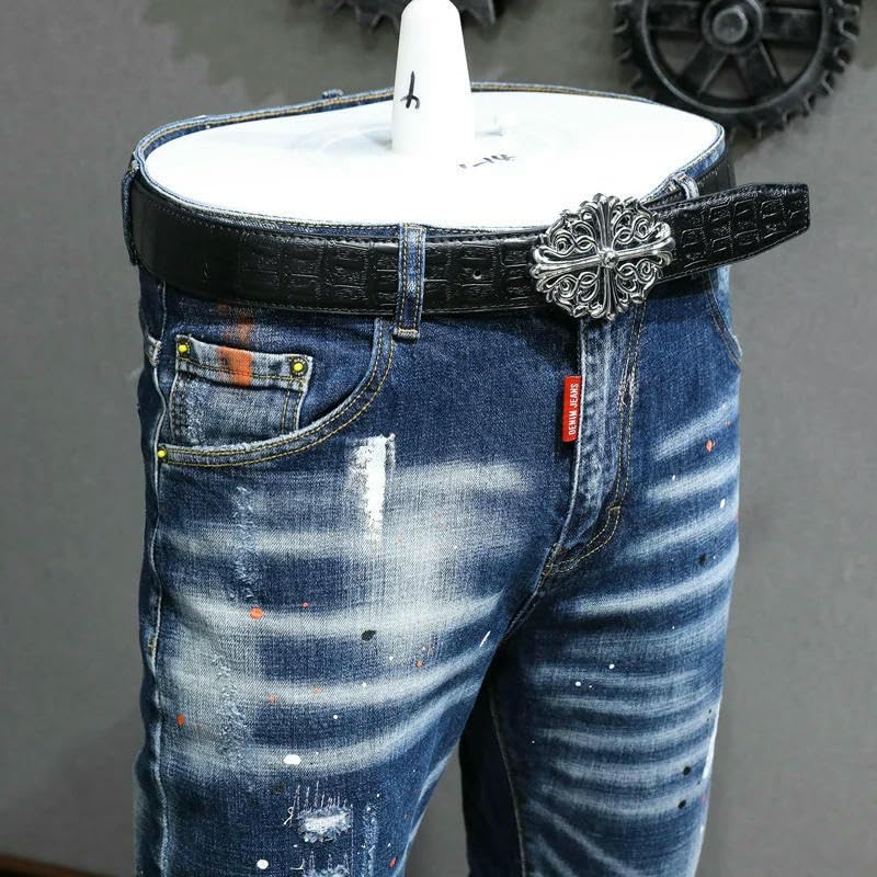 Mens Jeans Retro Blue Stretch Slim Fit Painted Ripped Trousers Men Korean Vintage Casual Denim Pants4