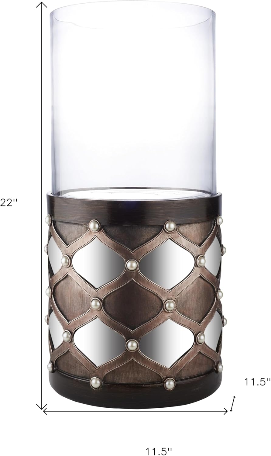 22" Bronze and Silver with Pearls Tabletop Hurricane Candle Holder