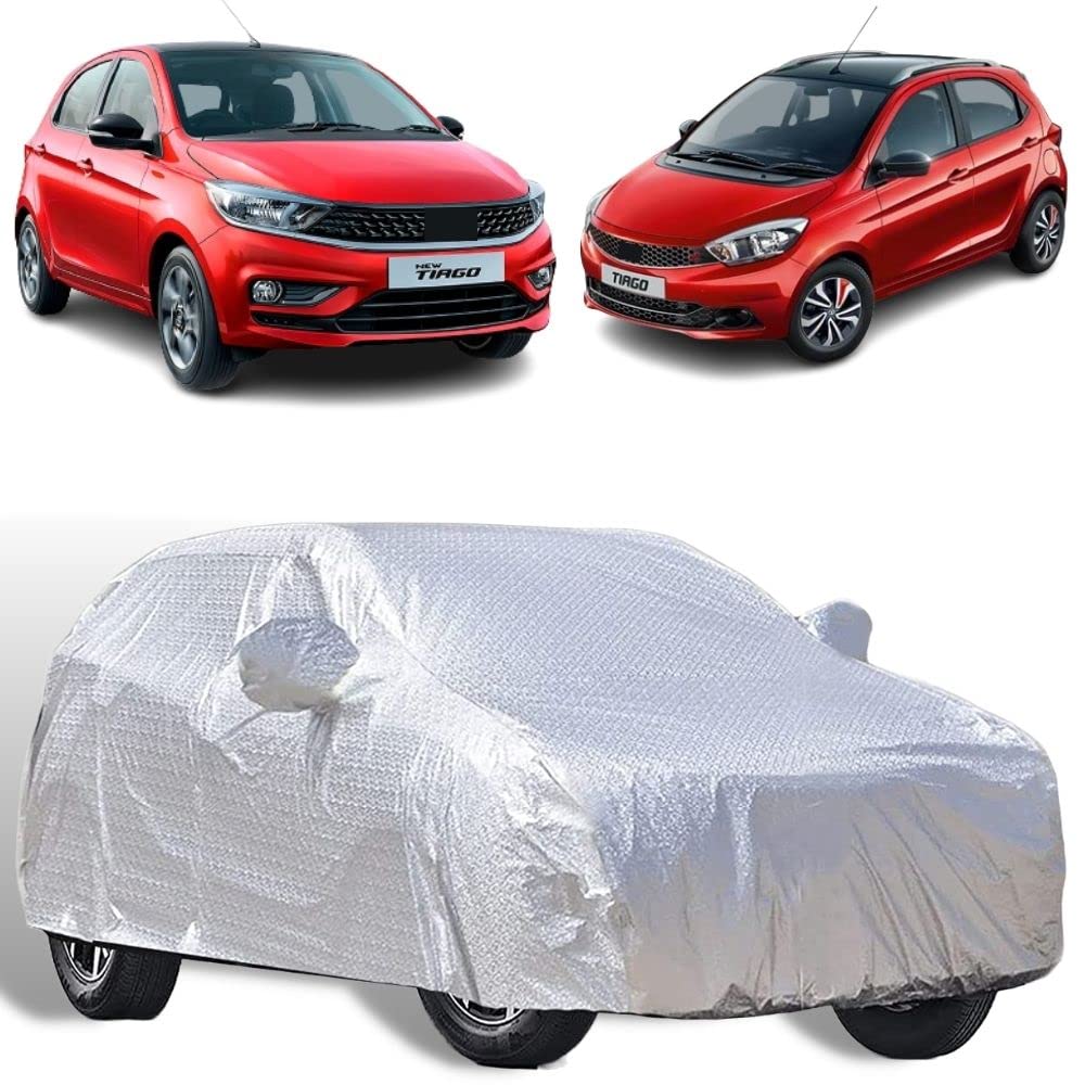 NG Auto Front100% Waterproof & 110 GSM Fabric Fully Body Car Cover for Tata Tiago NRG (All Models Compatible) Heat Resistant,Triple Stitch, 2 Buckle with Strong Strap (Silver)