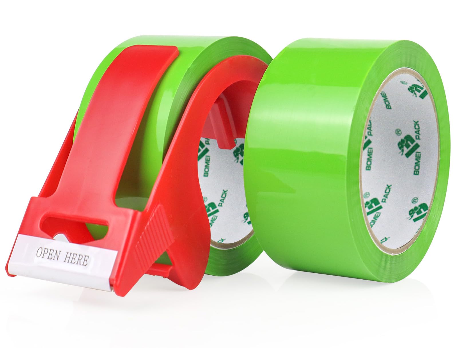 BOMEI PACK 2 Rolls Boxes Packing Tape Light Green 48mm x 66m Sticky Heavy Duty Moving Sealing Tape with 1 Dispenser