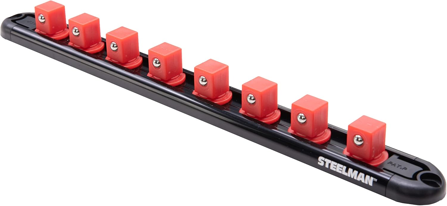 Steelman 1/2-inch Drive Socket Organizer Storage Rail, Holder for 7 Pieces, Spring-Loaded Posts, Magnetic Back