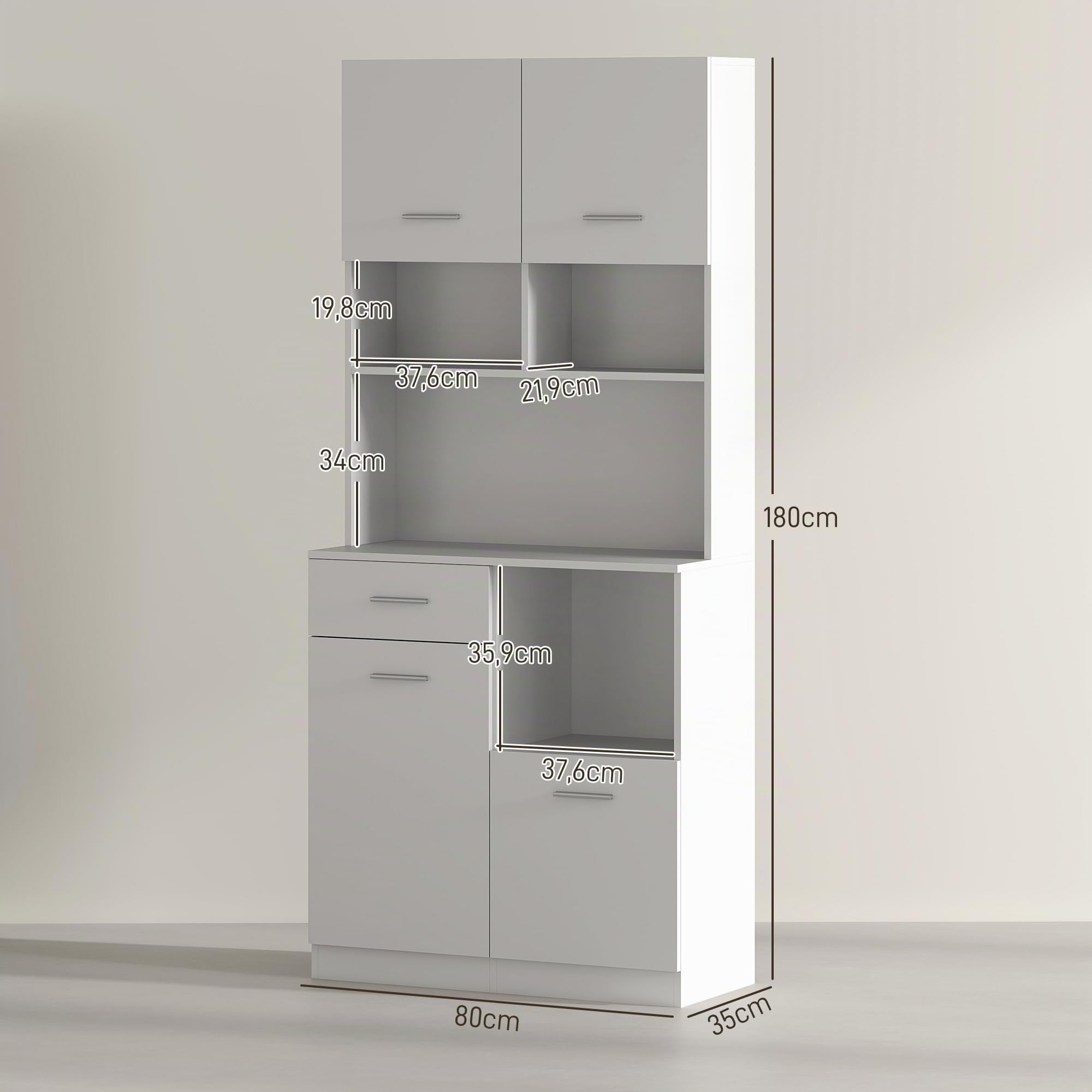 HOMCOM Armoire de cuisine, armoire haute avec étagère réglable, tiroir, armoire buffet avec porte Soft-Close, armoire vitrine Rangement pour cuisine salle à manger 80x35x180 cm Blanc
