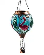 Hot Air Balloon Solar Lantern with Flickering Flame Light - 18" Hanging Glass & Metal Outdoor Light Auto On/Off | Waterproof Garden Lantern for Tree, Yard, Patio Decor, Flamingo