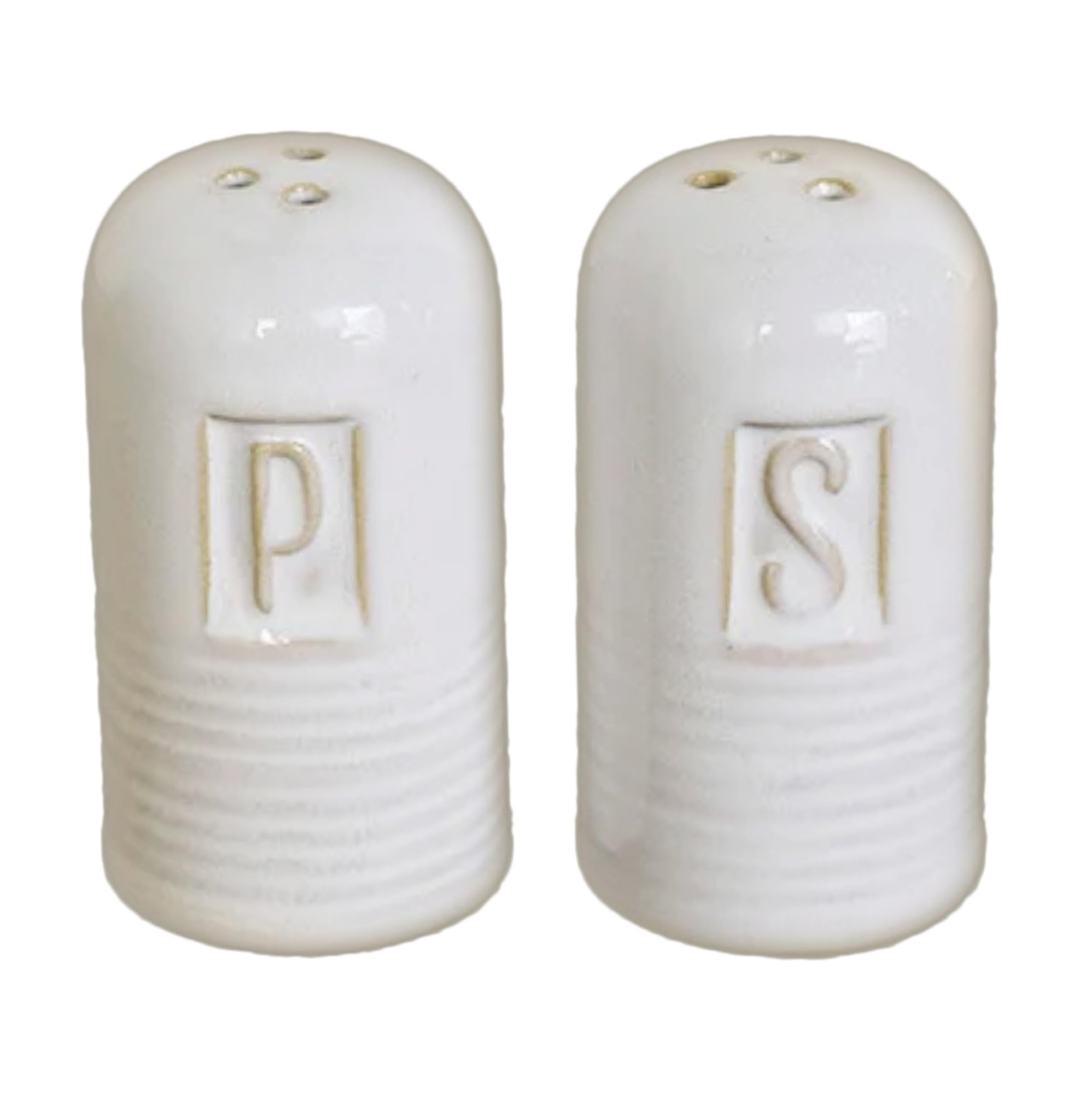 Photo 1 of 100 North S and P Ribbed Stamped Design, Antique White 3 x 1.6 Inches Glazed Ceramic Salt-N-Pepper Shaker Set