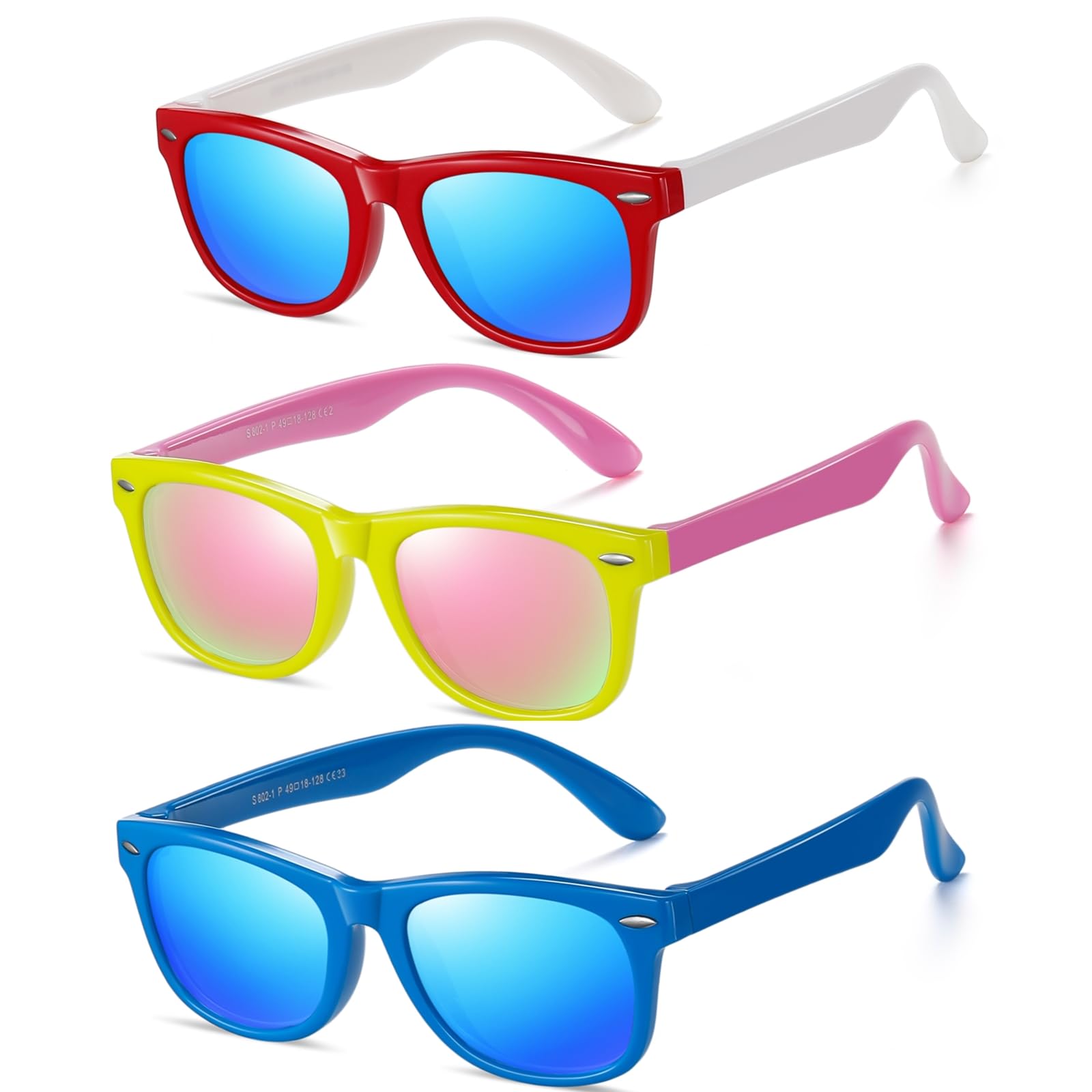 DYLB Kids Polarized Sunglasses for girls boys 3 Pack, Flexible TPEE Rubber Frame for Children Age 3-8.