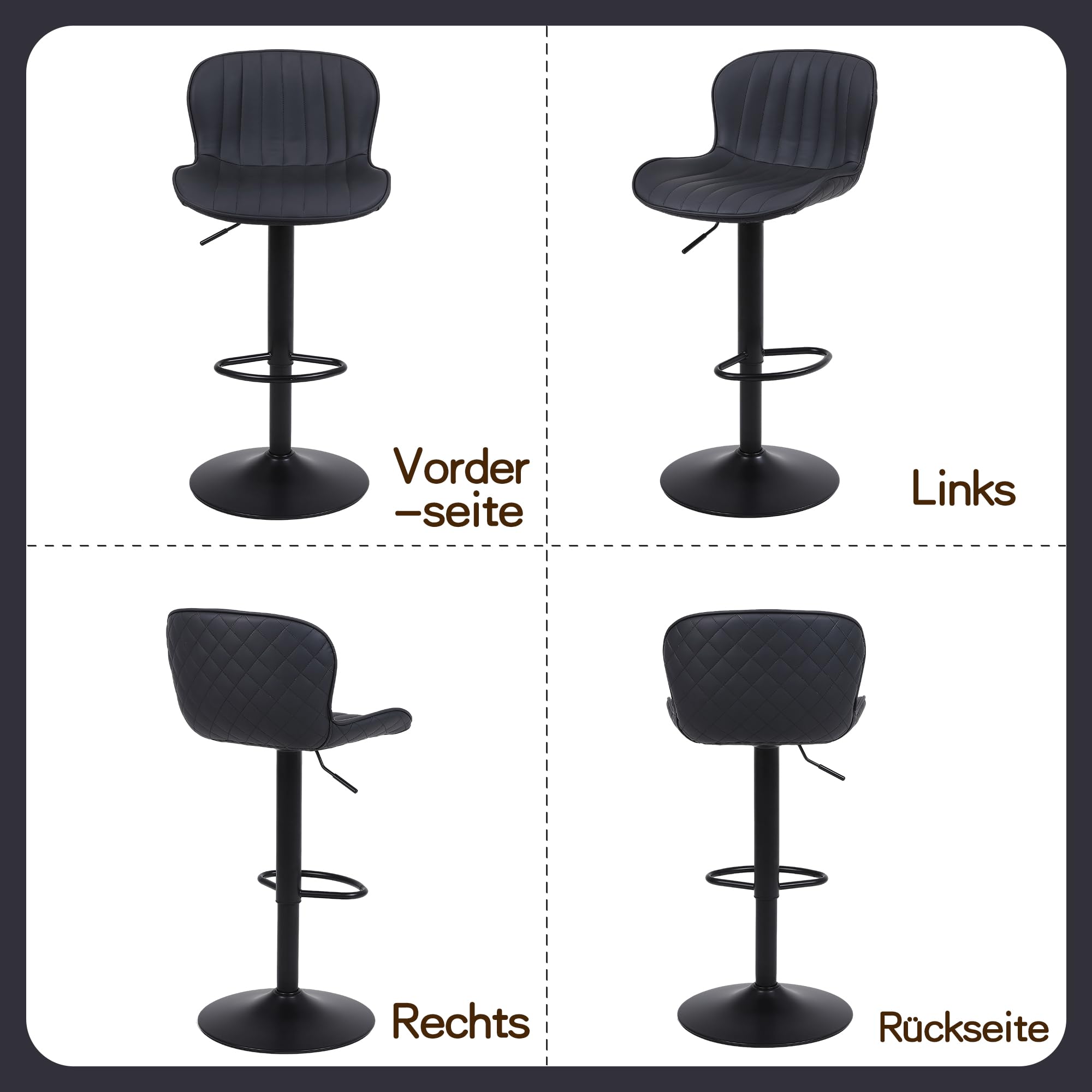 Barhocker × 1, Barstuhl Höhenverstellbar, Küchenstühle mit Rückenlehne und Fußstütze, 360°Drehbar, für Küche, Wohnzimmer und Esszimmer, Schwarz