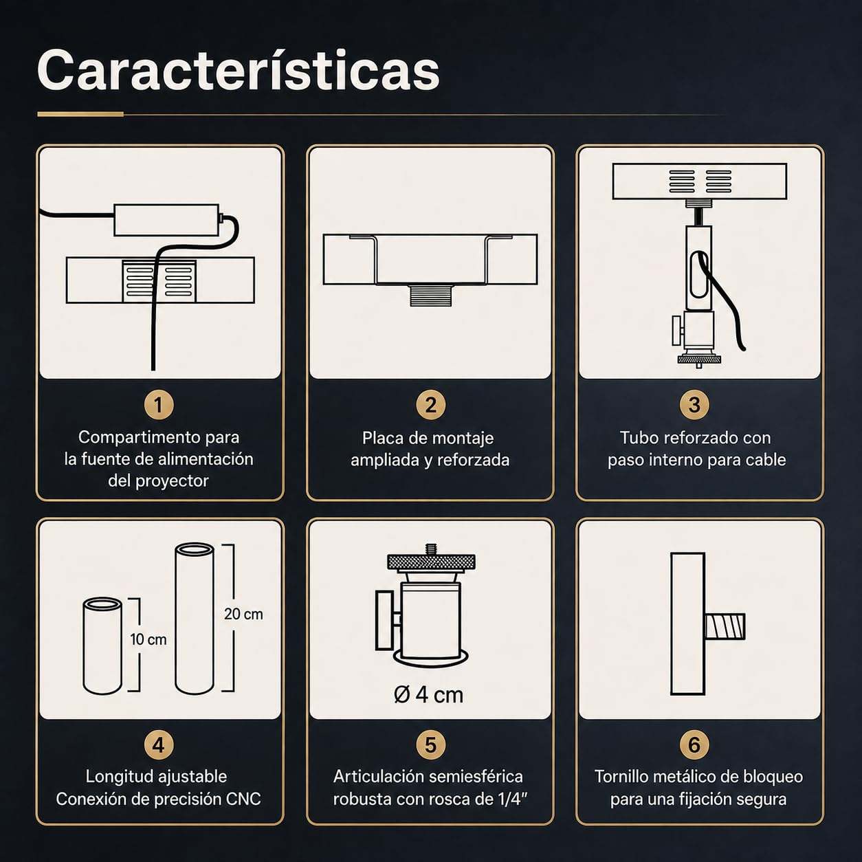 Soporte de techo para proyector – Compartimento de alimentación integrado, carga 10 kg, longitud ajustable 18-48 cm, articulación semiesférica 360°, cable oculto