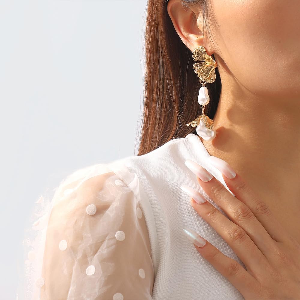 18K Gold Baroque Pearl Leaf Dangling Earrings for Women,Glossy Boho Flower Statement Drop Dangle Earrings,Retro Formal Anniversary Jewelry Gifts - Image 6