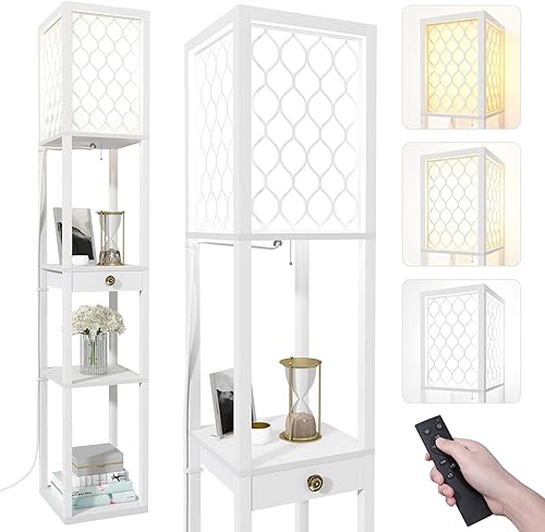Saudism Lámpara de pie con estantes, bombilla LED E27, lámpara de pie alta con control remoto, lámpara de lectura moderna con un cajón de
