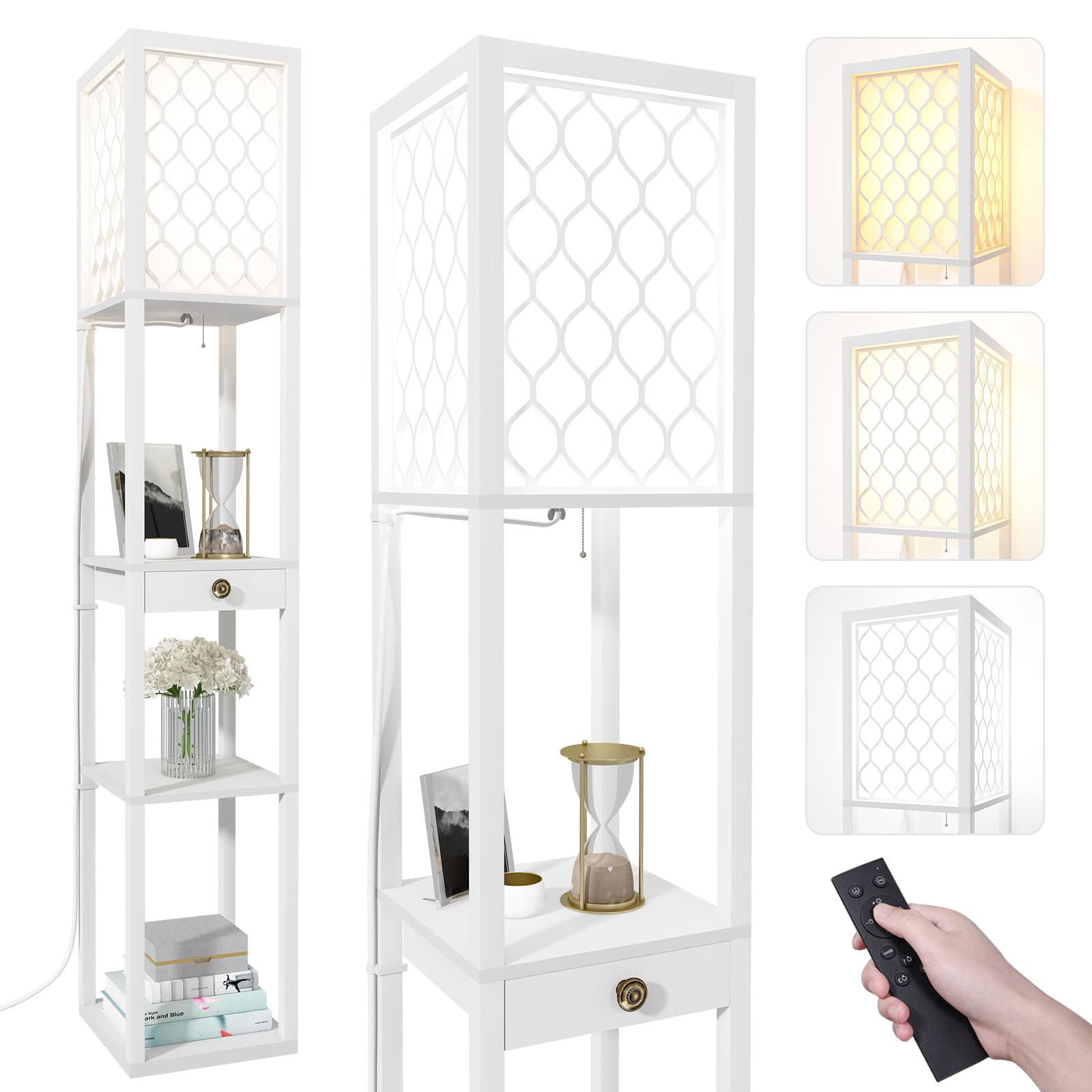 Jehiatek Floor Lamp with Shelves, E27 LED Bulb Tall Standing Light with Remote, Modern Reading Lamp with a Drawer Storage, for Bedroom, Living Room, Office, 160cm, White